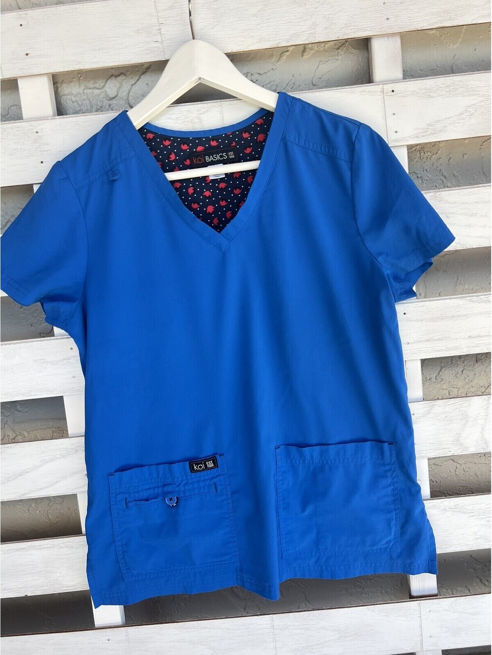Koi Basics Womens Stretch Scrub Blue V Neck Short Sleeve Pockets Size S